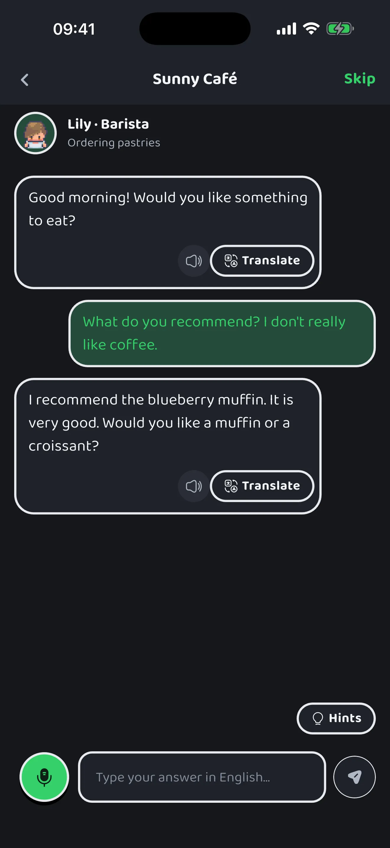 Speaking English with a barista in a coffee shop