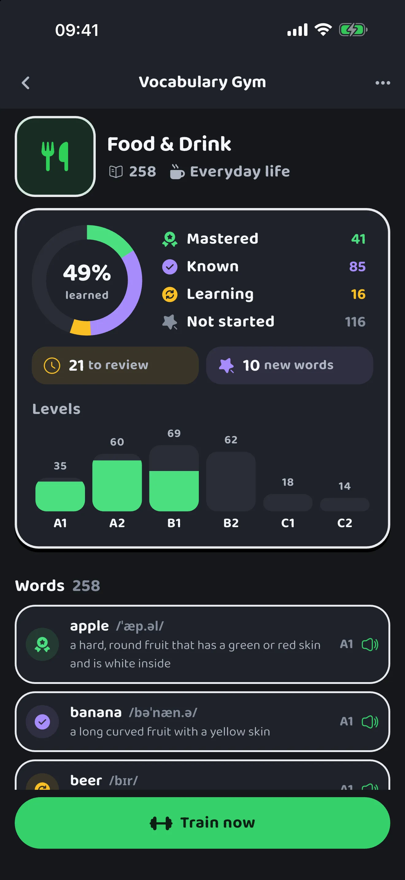 Reviewing English vocabulary by topic with spaced repetition
